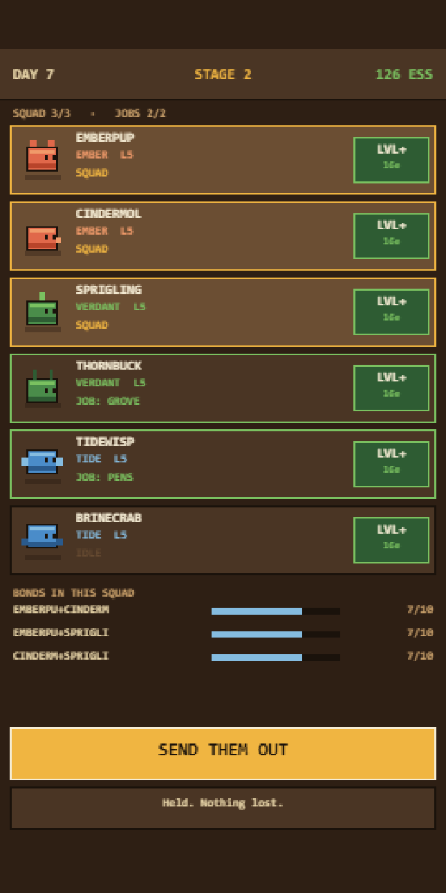 Bonds gameplay: a base roster where each Kinmon is marked SQUAD, JOB or IDLE, with bond meters building between the fielded pairs