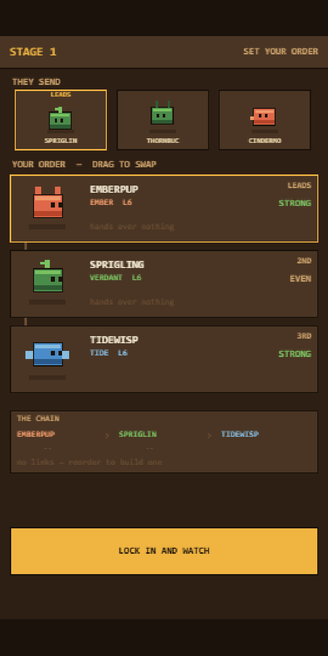 Handoff gameplay: the enemy squad along the top, your three Kinmon in a draggable order below, and a chain readout showing what each hands to the next