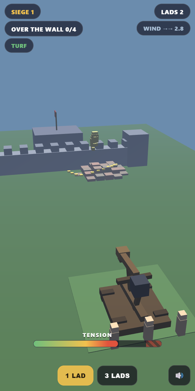 Overwind gameplay: a catapult with its arm cocked back, a heap of fallen lads banked against a castle wall, and one lad standing on the battlement