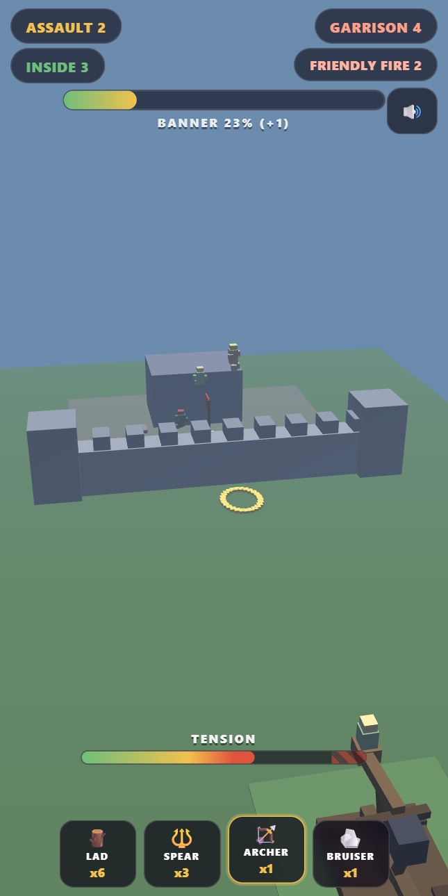 Rabble gameplay: a warband pen along the bottom, a catapult with a unit loaded, and troops fighting the garrison inside the castle courtyard while the capture bar fills
