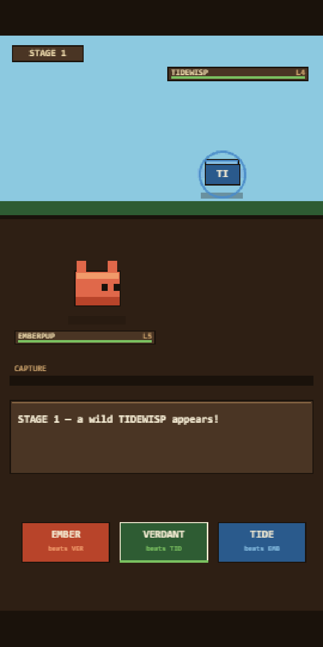 Tell gameplay: a wild TIDEWISP winding up an attack with a type glyph above it, three element pips along the bottom
